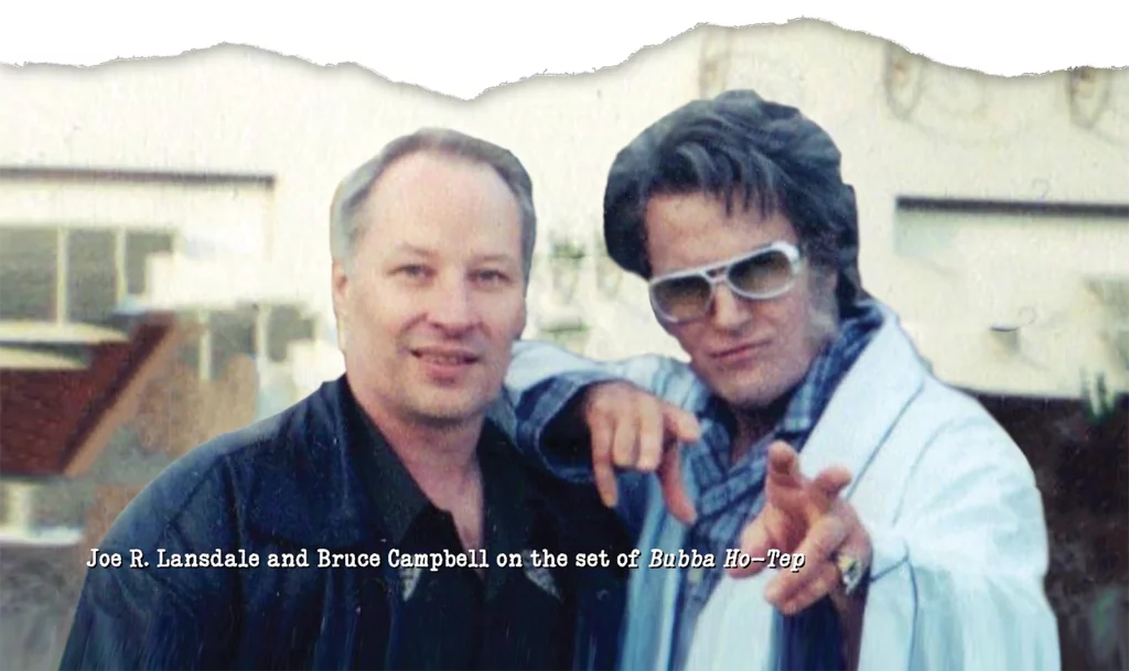 Joe R Lansdale with Bruce Campbell on the set of Bubba Ho-Tep